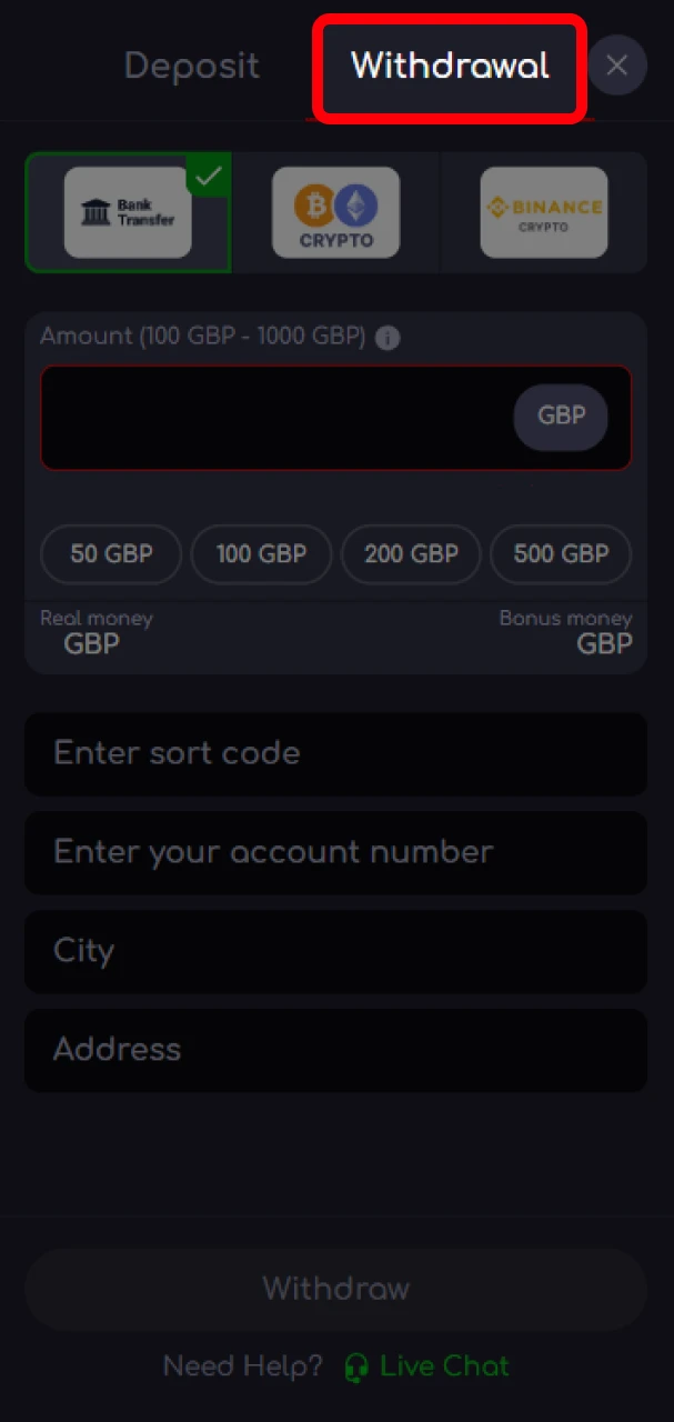 Open the Witdrawal section to withdraw money from KatanaSpin.
